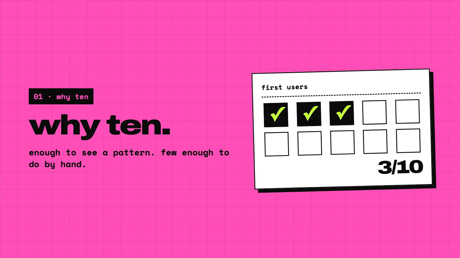 A pink slide: why ten. A card with ten boxes, the first three ticked, and a note: enough to see a pattern, few enough to do by hand.