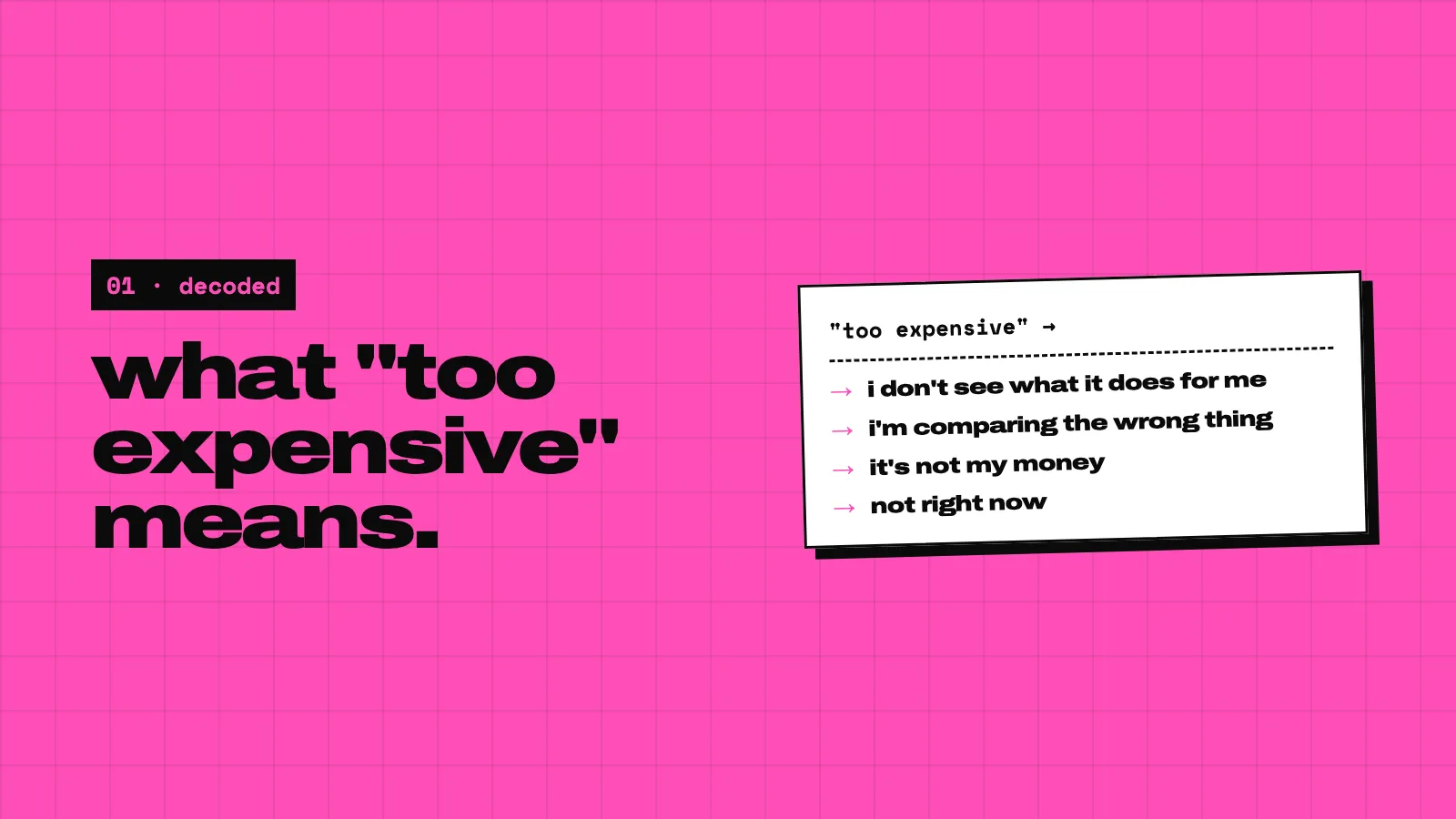 A pink slide: what too expensive usually means. A card translating it: i don’t see what it does for me, i’m comparing you to the wrong thing, it’s not my money, not right now.