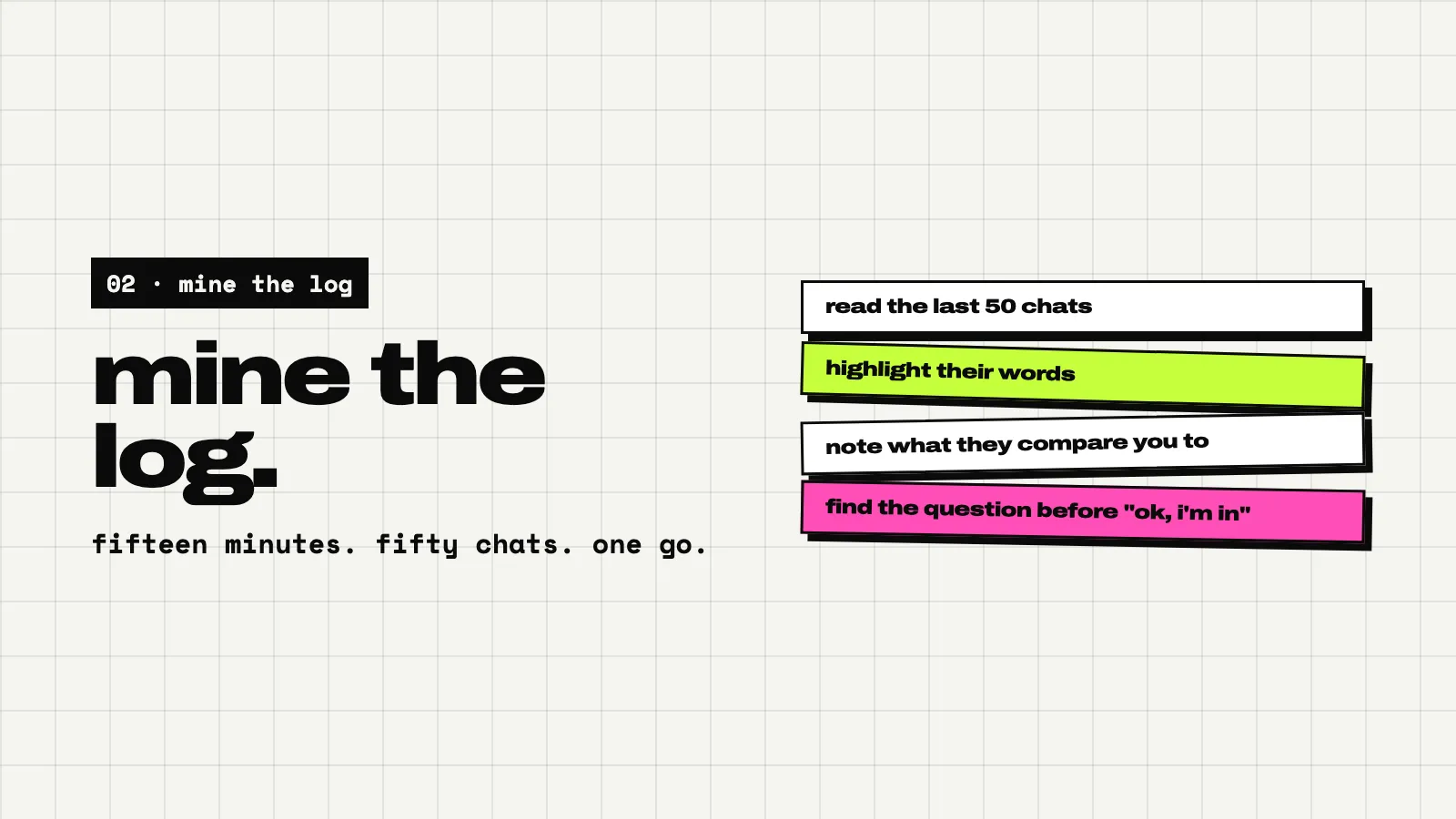 A light slide: mine the log. Four stacked cards: read the last 50 chats, highlight their words, note what they compare you to, find the question before ok, I’m in.