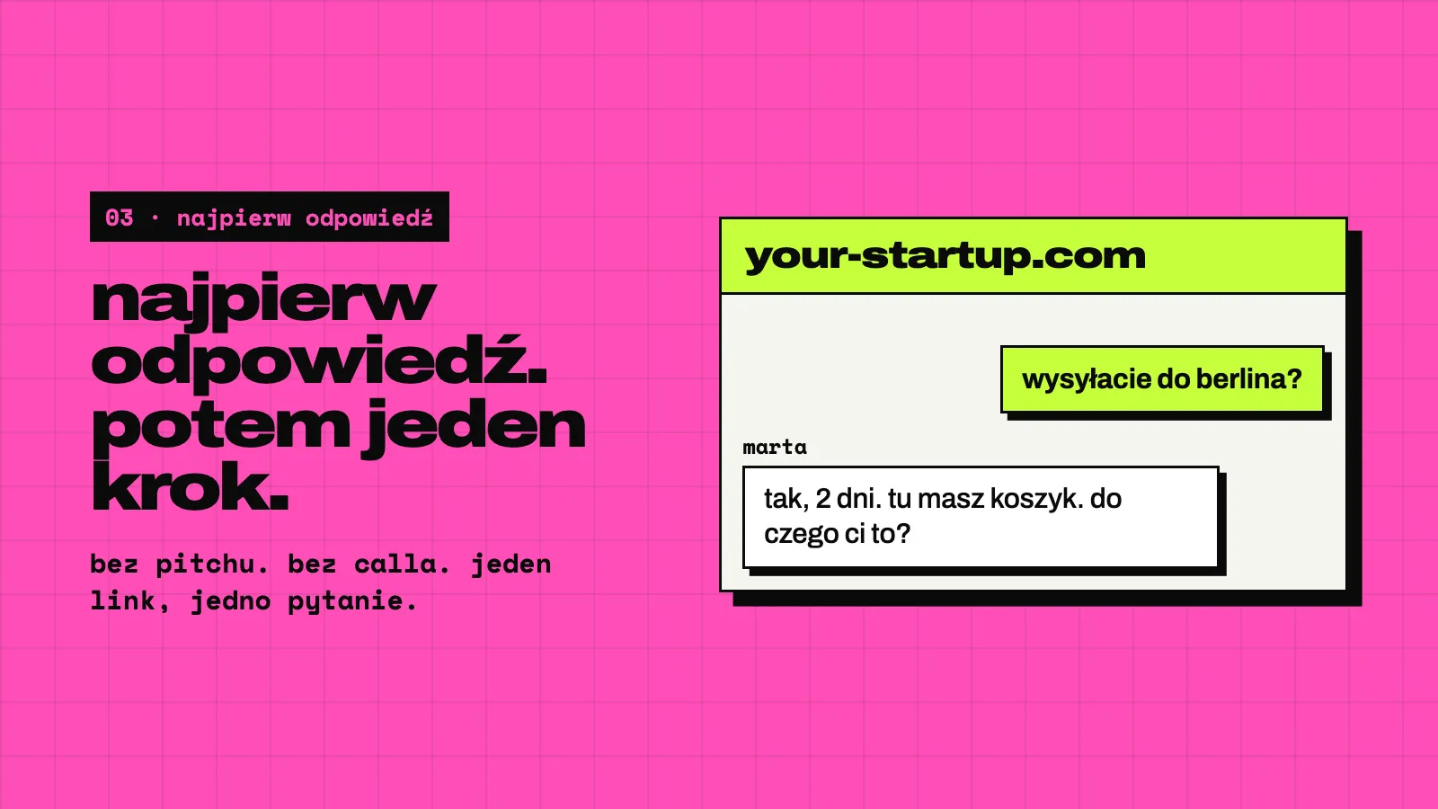 Różowy slajd: najpierw odpowiedź, potem jeden następny krok. Widget czatu: odwiedzający pyta, czy wysyłacie do berlina, Marta odpowiada: tak, 2 dni, tu masz koszyk, do czego ci to?