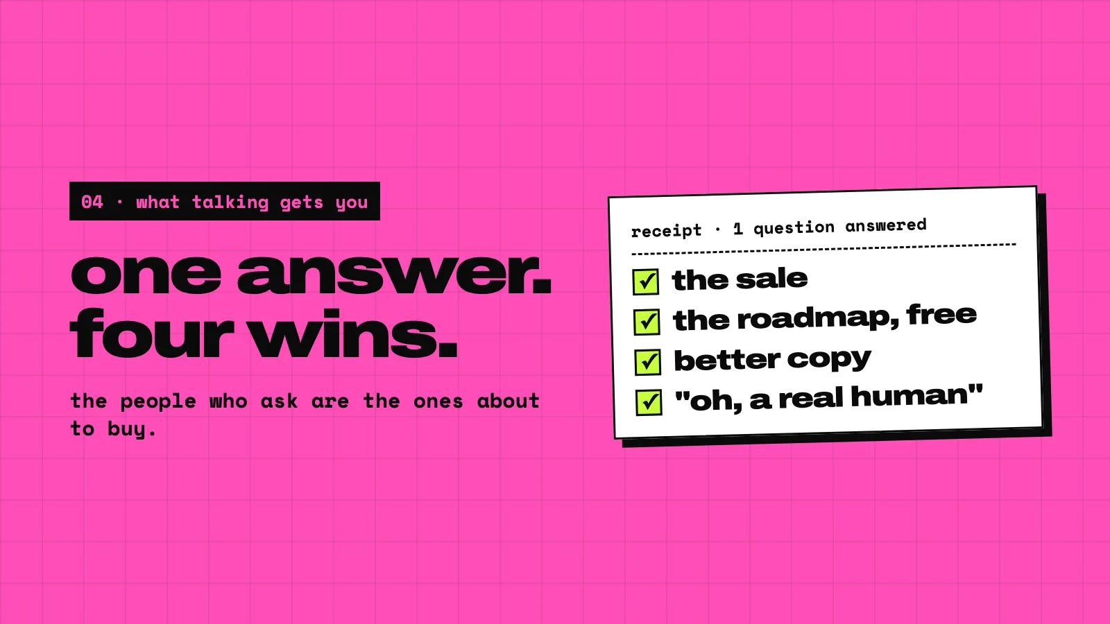 A pink slide: one answer, four wins. A receipt titled 1 question answered, with ticks next to the sale, the roadmap for free, better copy, and oh, a real human.
