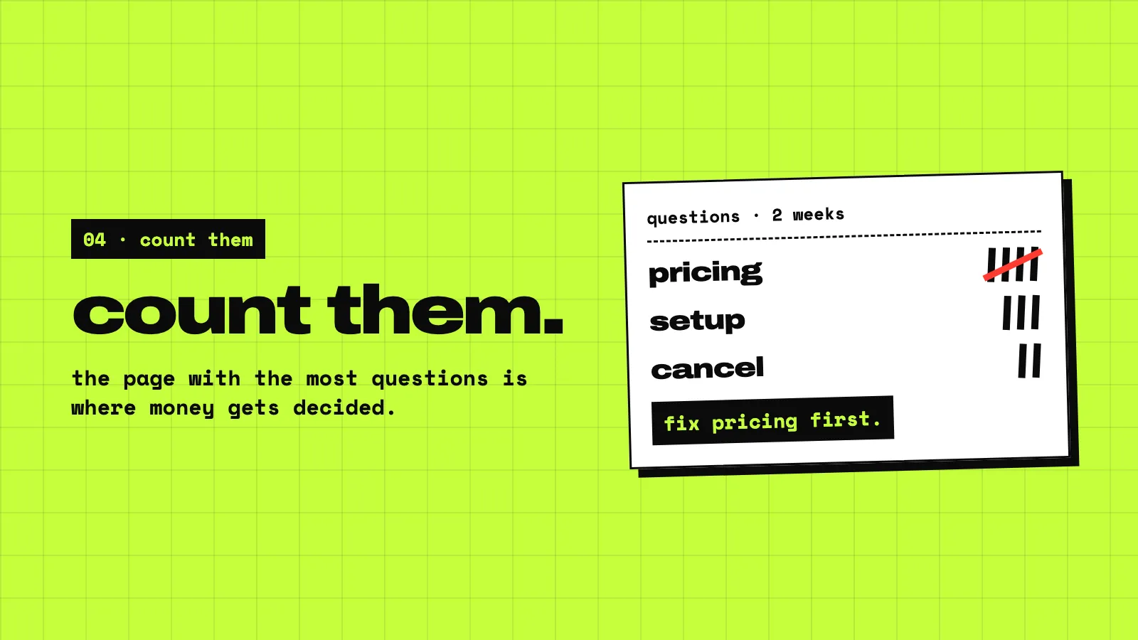 A lime slide: count them. A tally card: pricing with five marks, setup with three marks, cancel with two marks, and a note: fix pricing first.