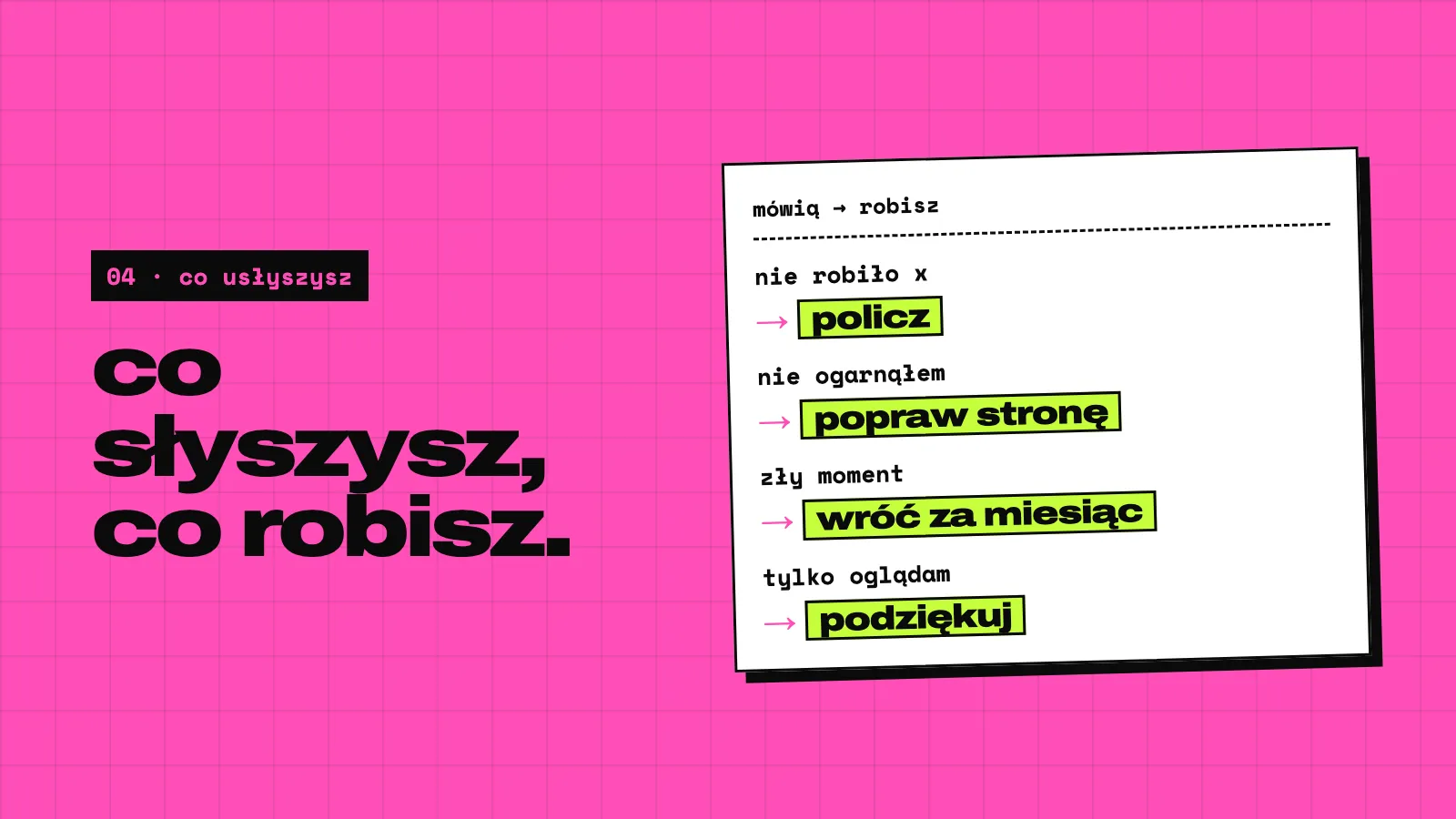 Różowy slajd: co słyszysz, co robisz. Karta: nie robiło x prowadzi do licz, nie mogłem ogarnąć prowadzi do popraw stronę, zły moment prowadzi do odezwij się za miesiąc, tylko się rozglądałem prowadzi do podziękuj.