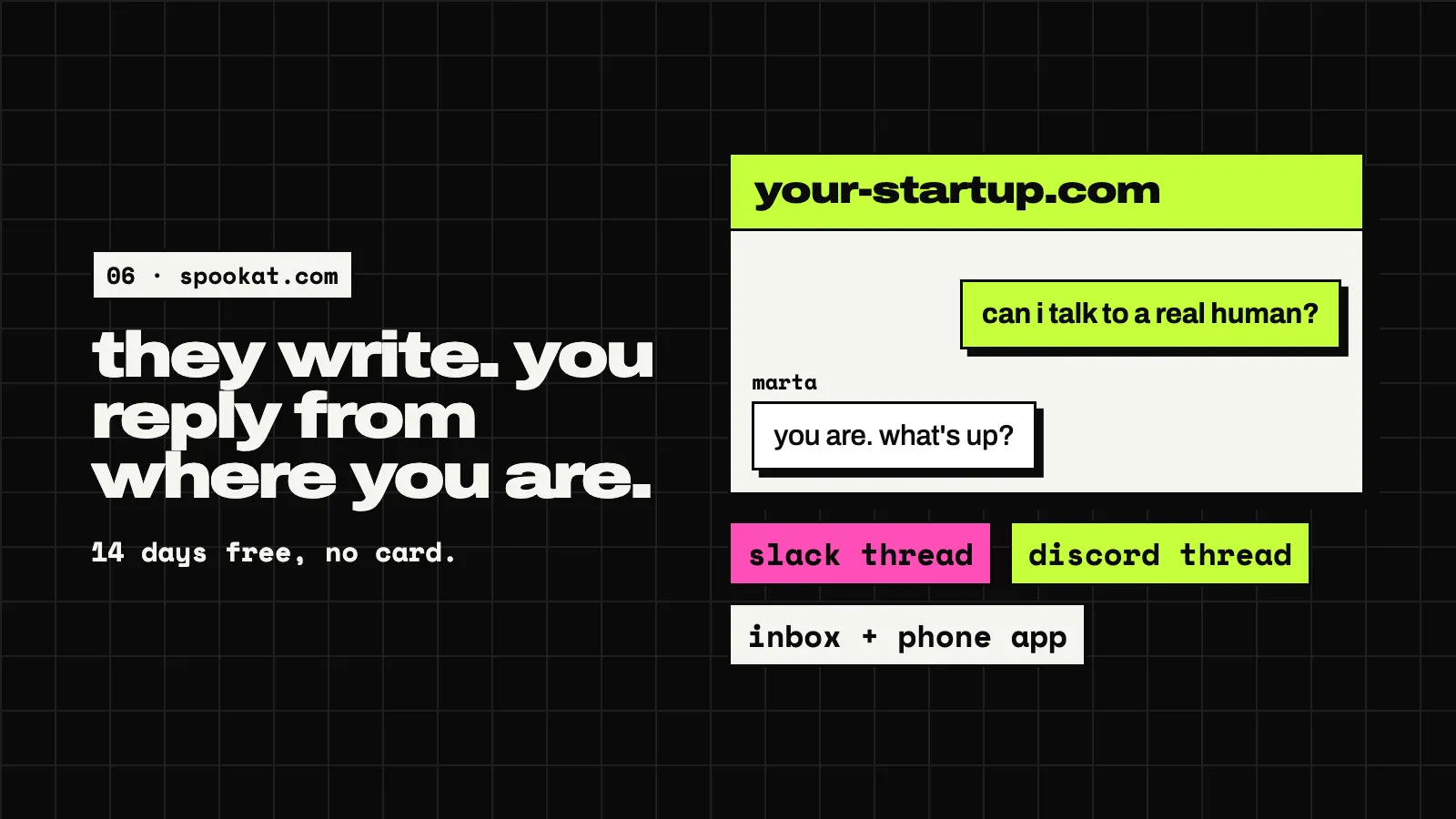 A dark slide: they write, you reply from where you are. A chat widget where a visitor asks can I talk to a real human and Marta answers you are, what’s up. Under it three labels: slack thread, discord thread, inbox + phone app.