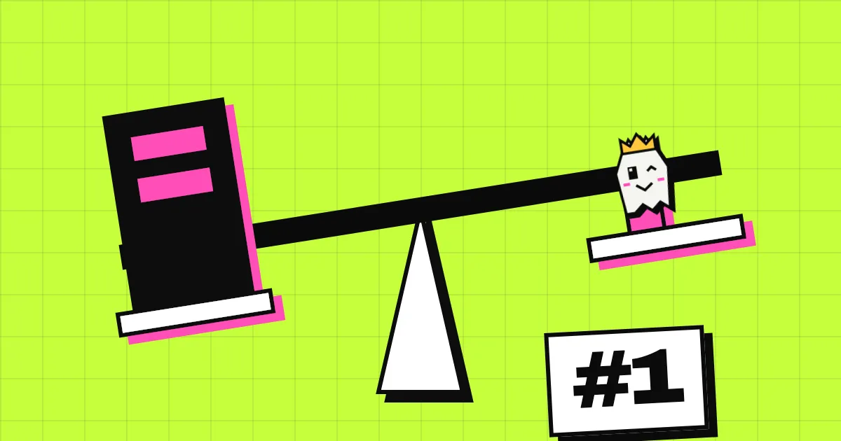 A seesaw on a lime grid: a heavy black block weighs down one end, and the other end rises with a white Spookat cat in a crown, winking, next to a #1 sign.