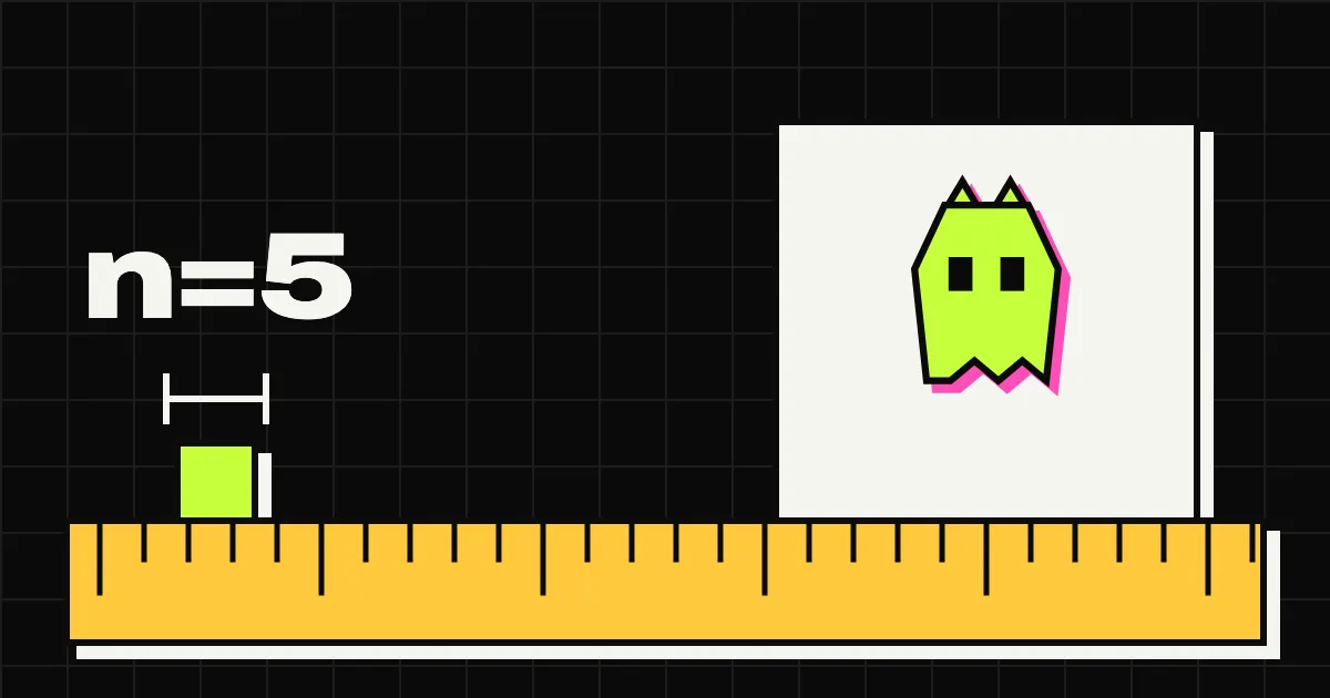 A long ruler along the bottom of a dark background measuring a small block and a framed picture of the Spookat cat, with n=5 written above.