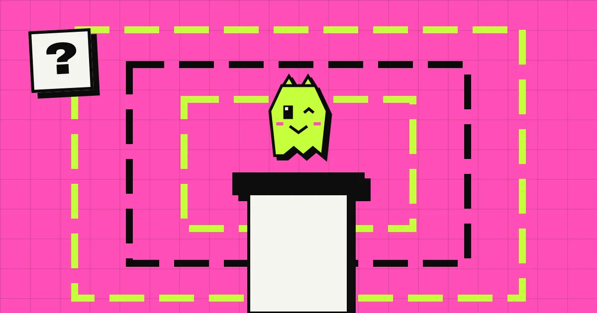 A beacon sending out rings on a pink grid, with the winking Spookat ghost cat next to it and a big question mark.