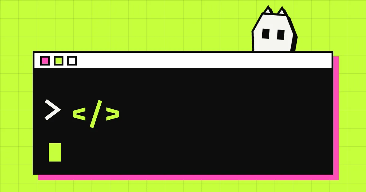A terminal window with a code bracket symbol in green, the Spookat cat peeking over its top edge.