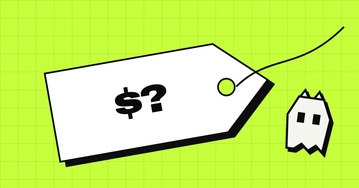 A big price tag on a lime grid with the Spookat ghost cat looking at it, and the label $? on the tag.