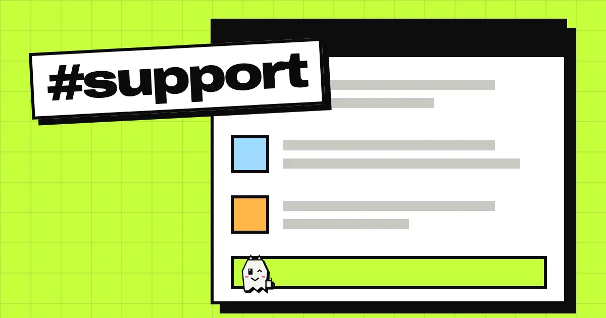 A Slack-style thread with three messages, the Spookat cat holding a mug in the reply box and a #support label.