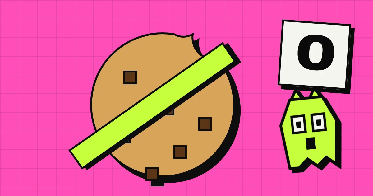 A cookie crossed out with a lime bar on a pink background, the startled Spookat cat holding up a sign that reads 0.