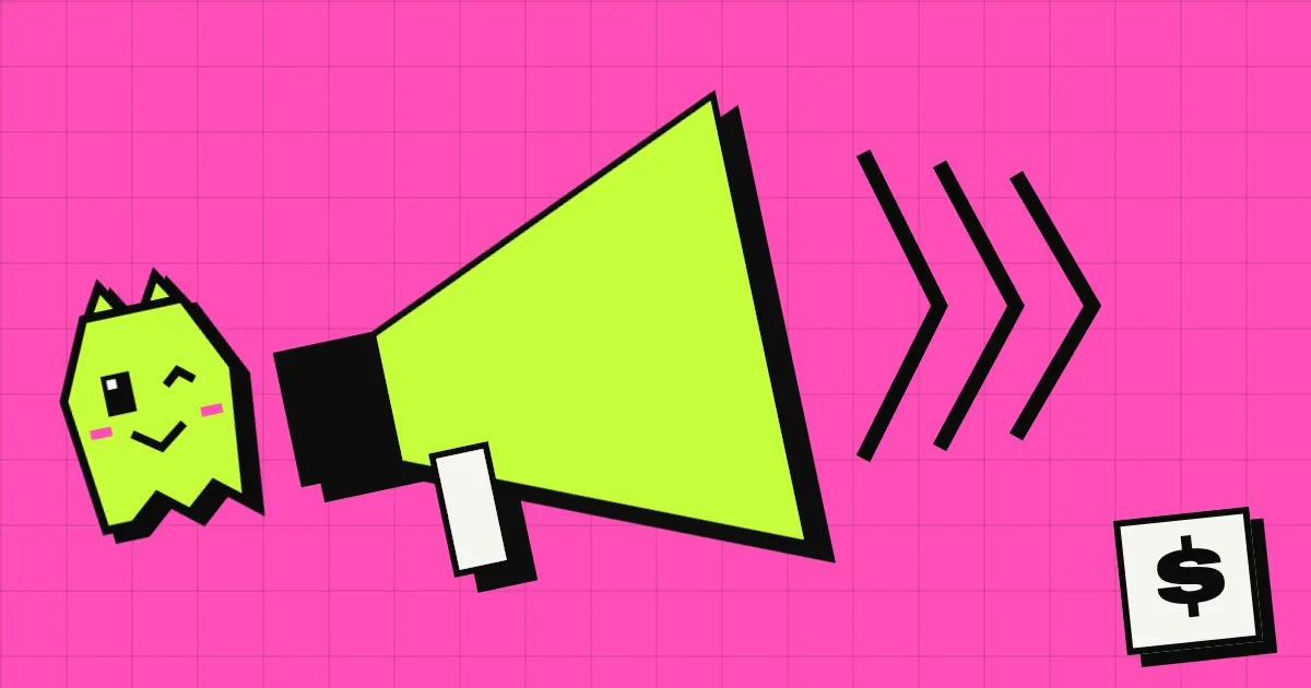 The green Spookat ghost cat winking and shouting into a big green megaphone on a pink grid, with a small dollar sign card in the corner.