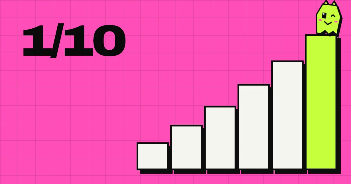 A staircase on a pink grid with the winking Spookat ghost cat climbing it, and the label 1/10.