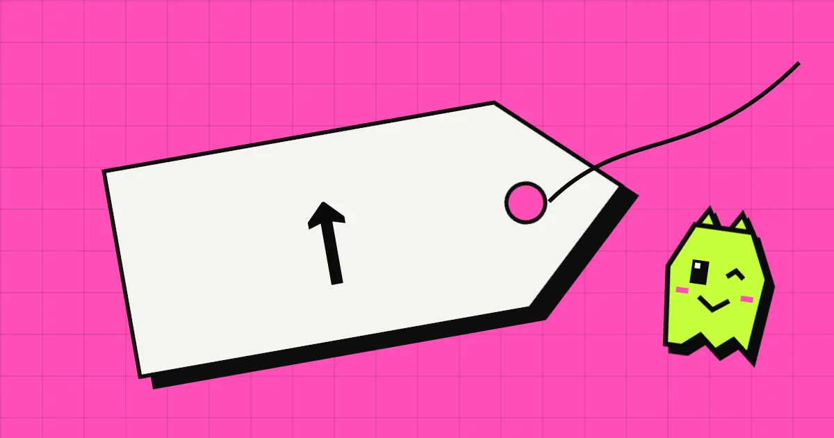 A big white price tag with an equals sign on a pink grid, and the green Spookat ghost cat winking next to it.