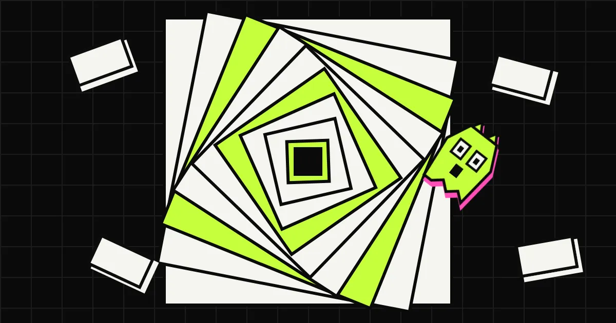 A square spiral vortex of white and green layers on a dark grid, with small form fields flying around it and the startled Spookat ghost cat being pulled in.
