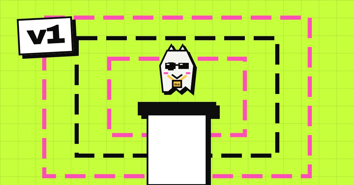 The Spookat cat in sunglasses and a chain with a 4 kb pendant, standing on a podium inside dashed frames on a lime background, with v1 written in the corner.