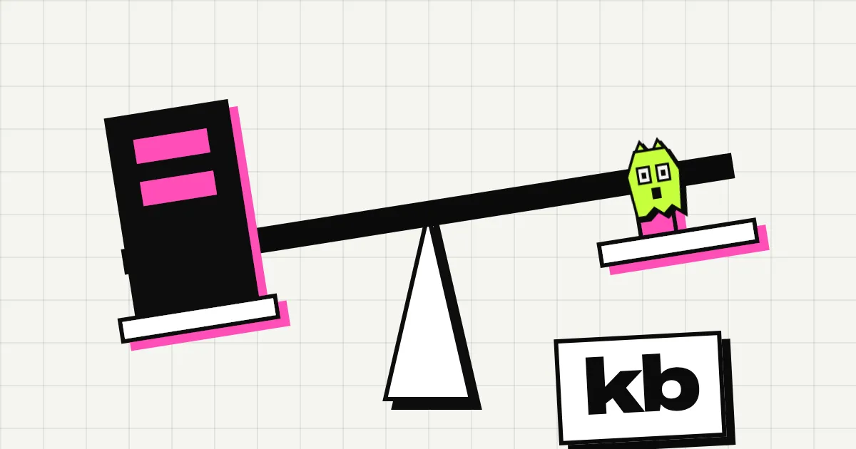 A seesaw scale with a tall dark block weighing down one side and the startled Spookat cat on the light side, with kb written below.
