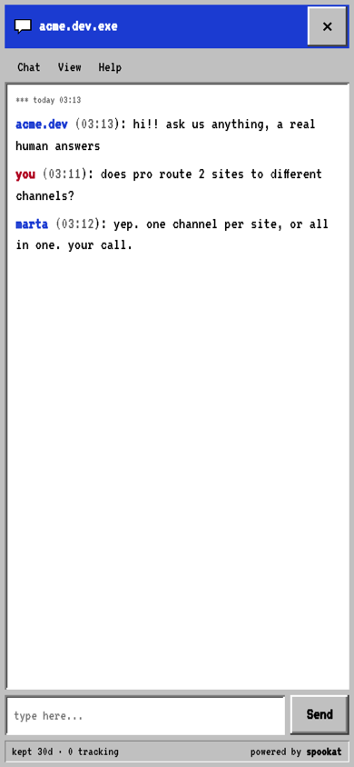 Styl retro na telefonie: szara ramka okna, niebieski pasek tytułu z napisem acme.dev.exe, pikselowy font.