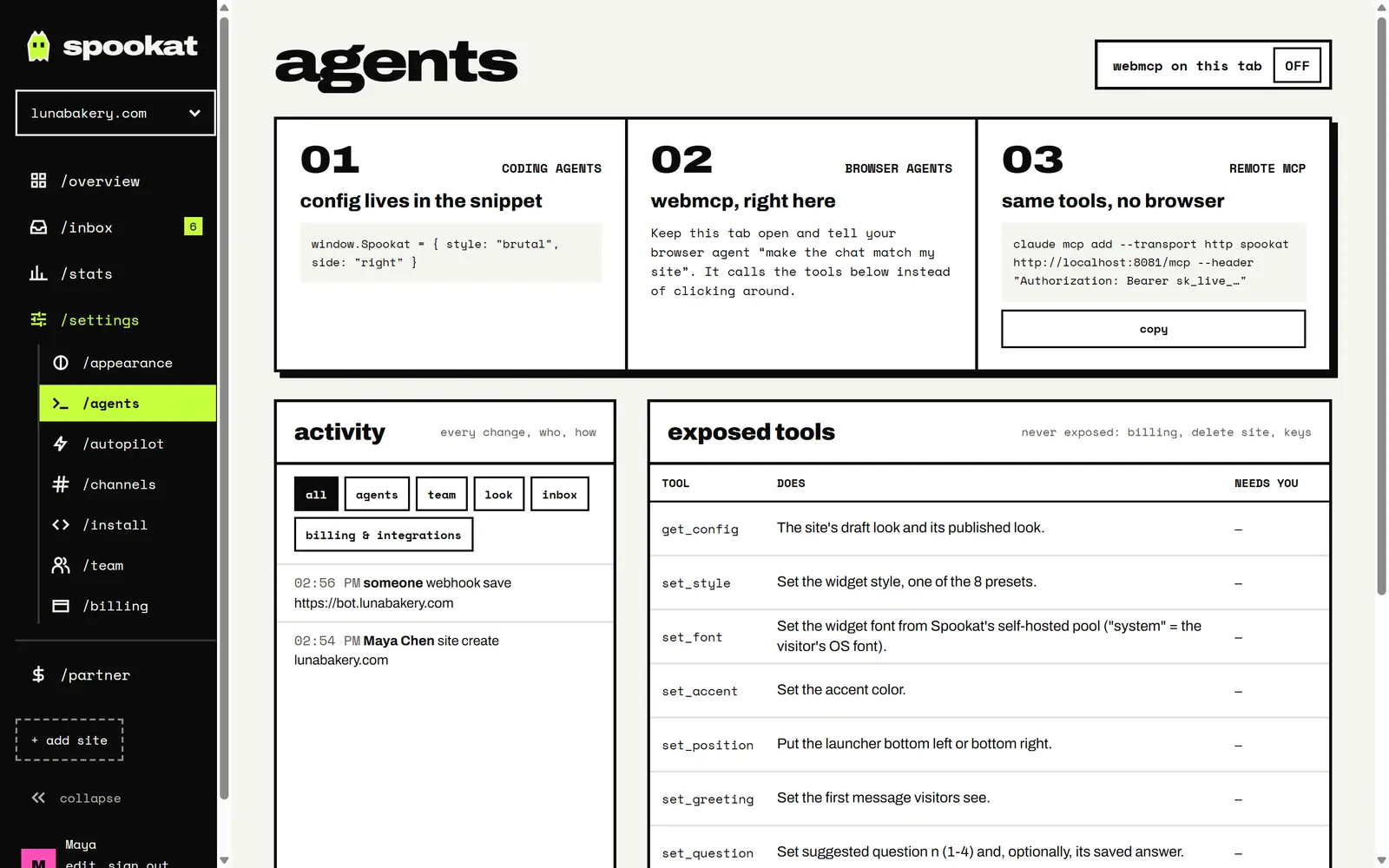 Die Agenten-Seite: Coding-Agenten, WebMCP und Remote-MCP, das Aktivitätsprotokoll und die Tools, die ein Agent aufrufen darf.