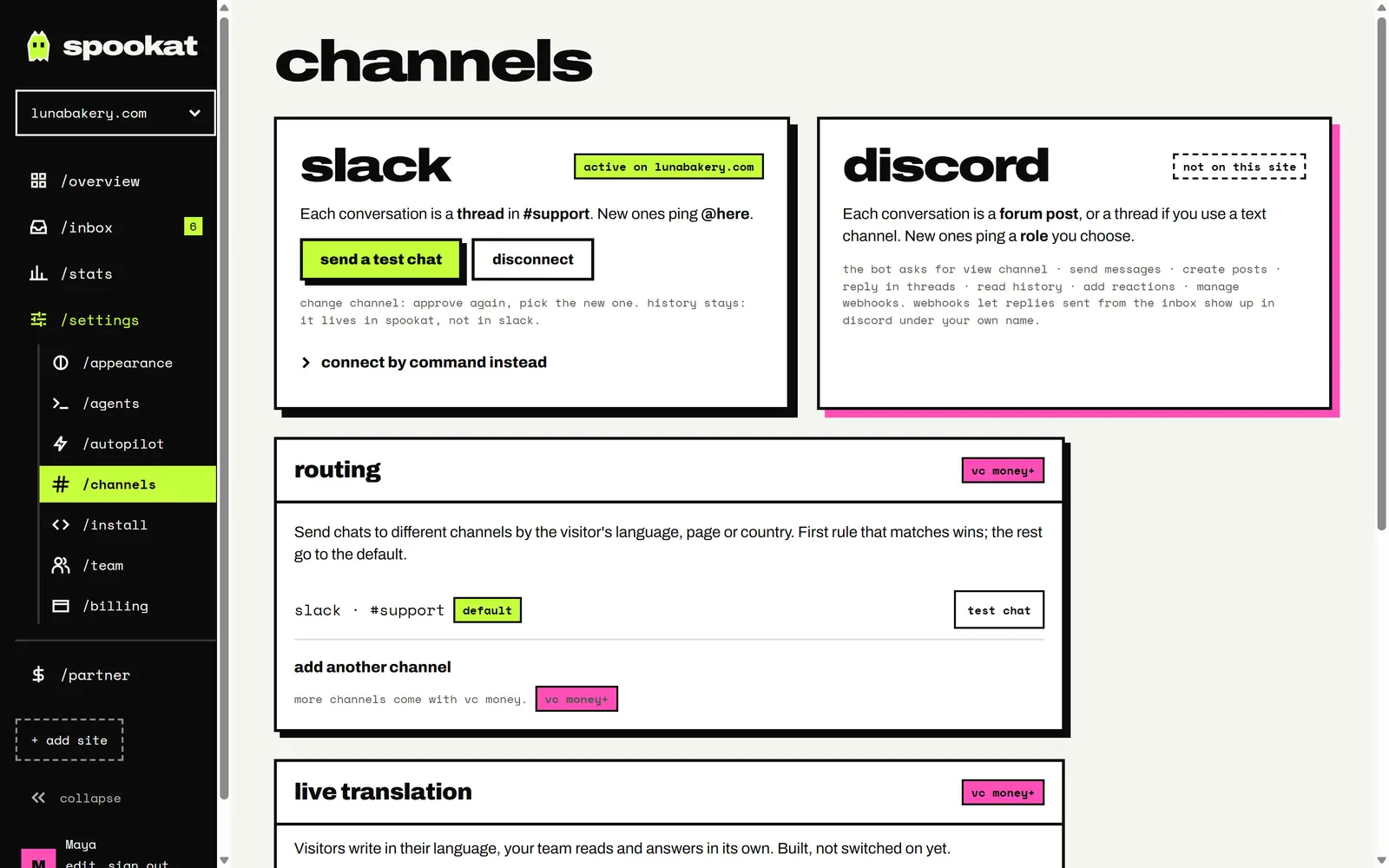 Die Channels-Seite: Slack aktiv in #support, die Discord-Karte und das Channel-Routing.
