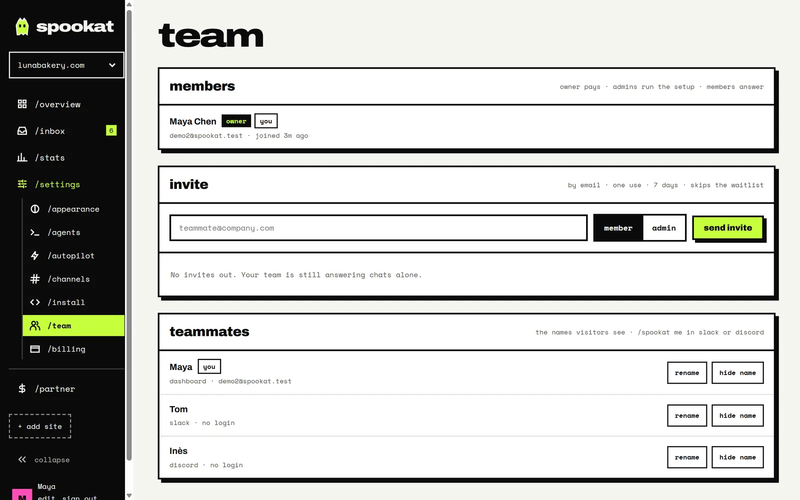 Die Team-Seite: Mitglieder und ihre Rollen, das Einladungsformular und Teammitglieder aus Slack, Discord und dem Dashboard.
